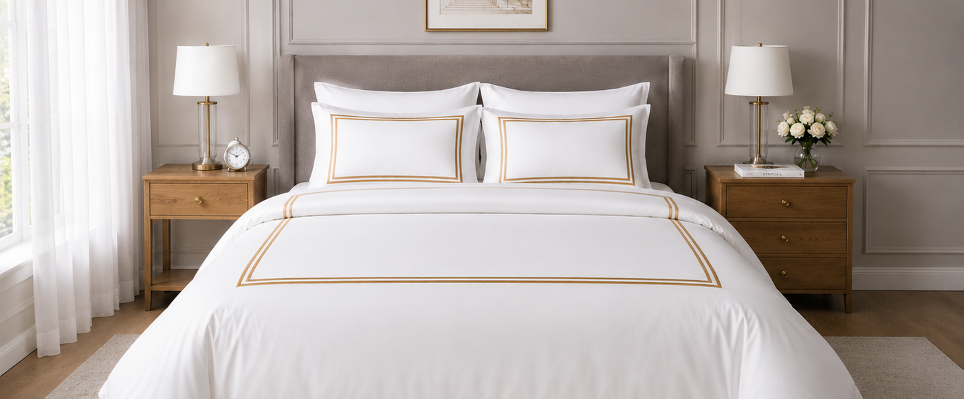 White & Gold Border Bedding Set — 400TC Egyptian Cotton Satin