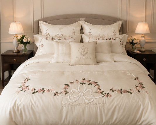 Royal Bow Embroidery Bedding Set — 500TC Egyptian Cotton Satin (Limited Edition)